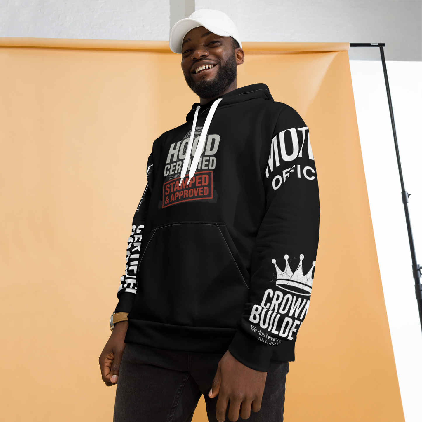 rban hoodie with certified stamp graphic and bold print