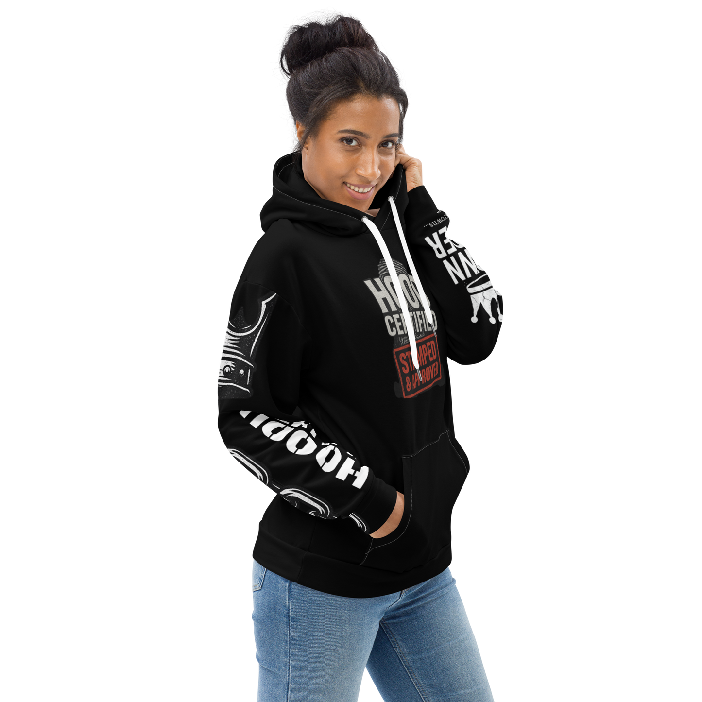 Black hoodie with Hood Certified logo – street legend fit