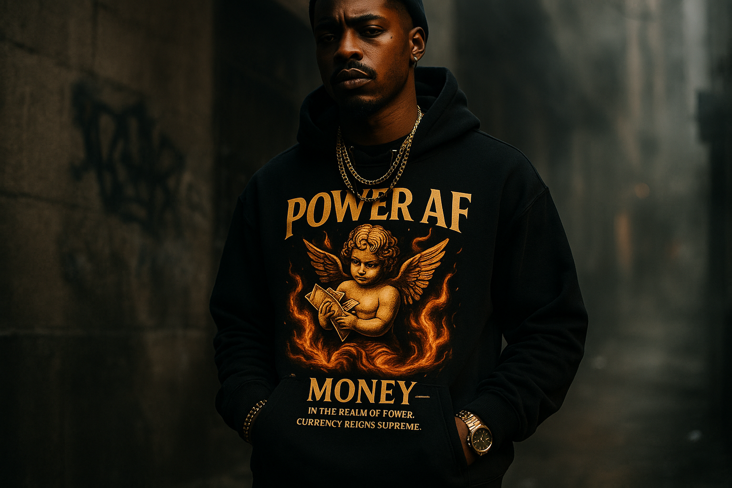 Urban fashion lifestyle photo of a model wearing a black hoodie featuring a bold graphic of a gold angelic cherub holding money, surrounded by flames. The text on the design says “Power AF” and “Money – In the realm of power, currency reigns supreme.” The hoodie is styled with dark streetwear vibes, gold jewelry, and dramatic lighting. City background with moody tones. Bold and edgy. Emphasize luxury, rebellion, and status.