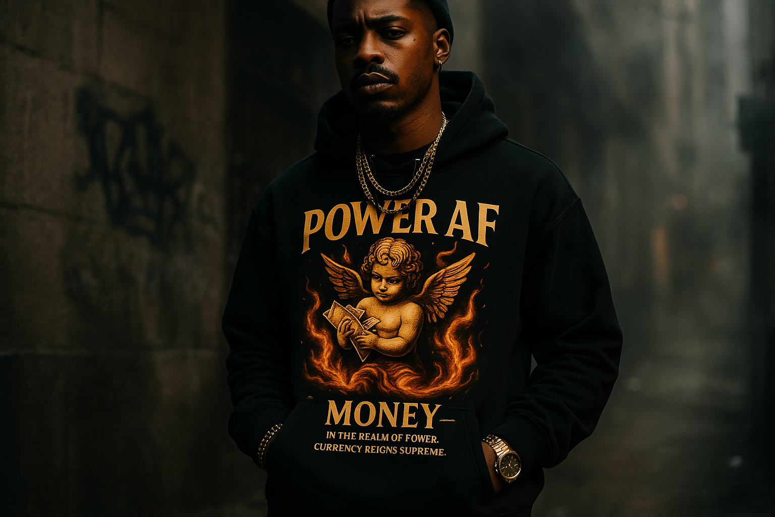 Urban fashion lifestyle photo of a model wearing a black hoodie featuring a bold graphic of a gold angelic cherub holding money, surrounded by flames. The text on the design says “Power AF” and “Money – In the realm of power, currency reigns supreme.” The hoodie is styled with dark streetwear vibes, gold jewelry, and dramatic lighting. City background with moody tones. Bold and edgy. Emphasize luxury, rebellion, and status.